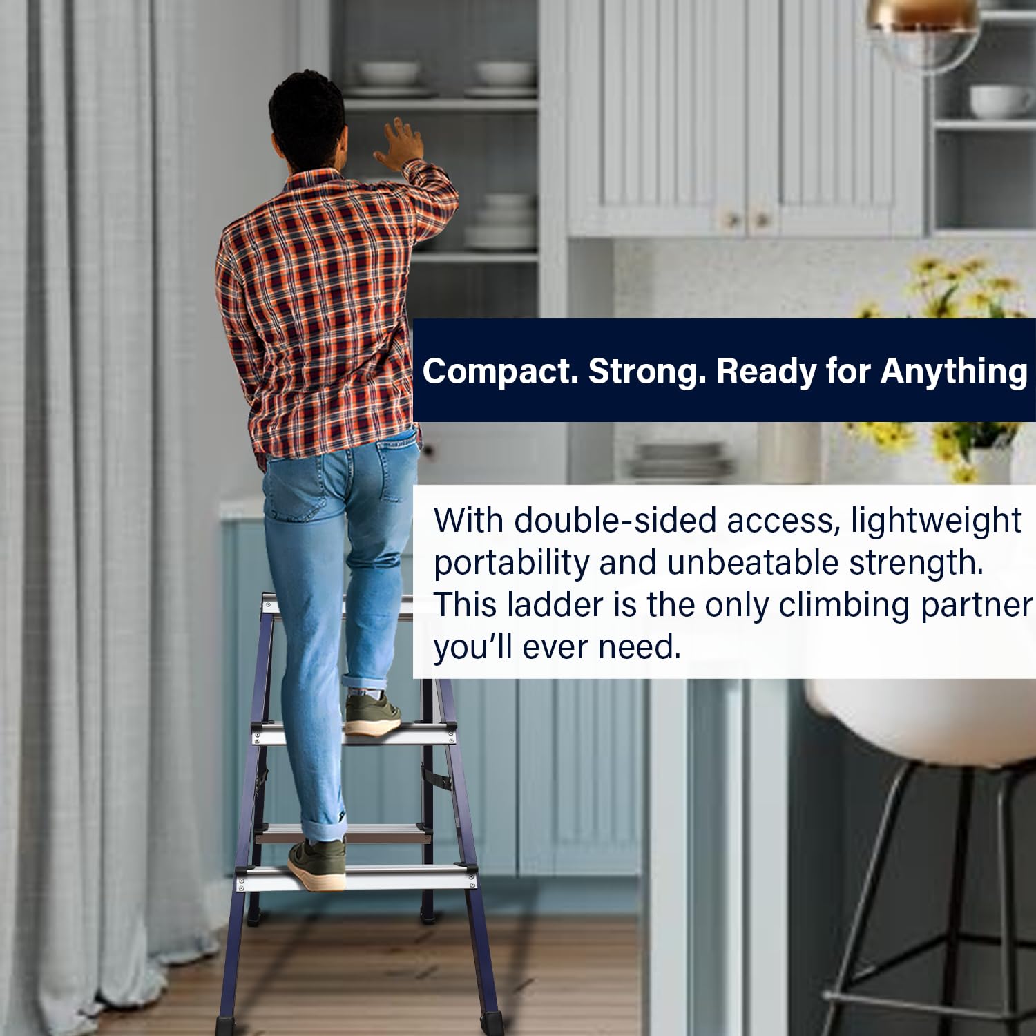 BonKaso 3 Step Aluminium Ladder | Folding Step Stool for Home, Kitchen, Office & Library | Lightweight Anti-Slip Wide Pedal 120 Load Capacity Step Stool (88h x 46w CMs) Blue