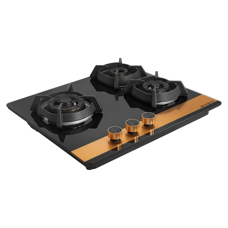 Faber 60cm 3Burner Gas Hob | Flame Failure Device | Cast Iron Pan Support | Metal Knobs | Dual Flame Burner | 8mm Toughe