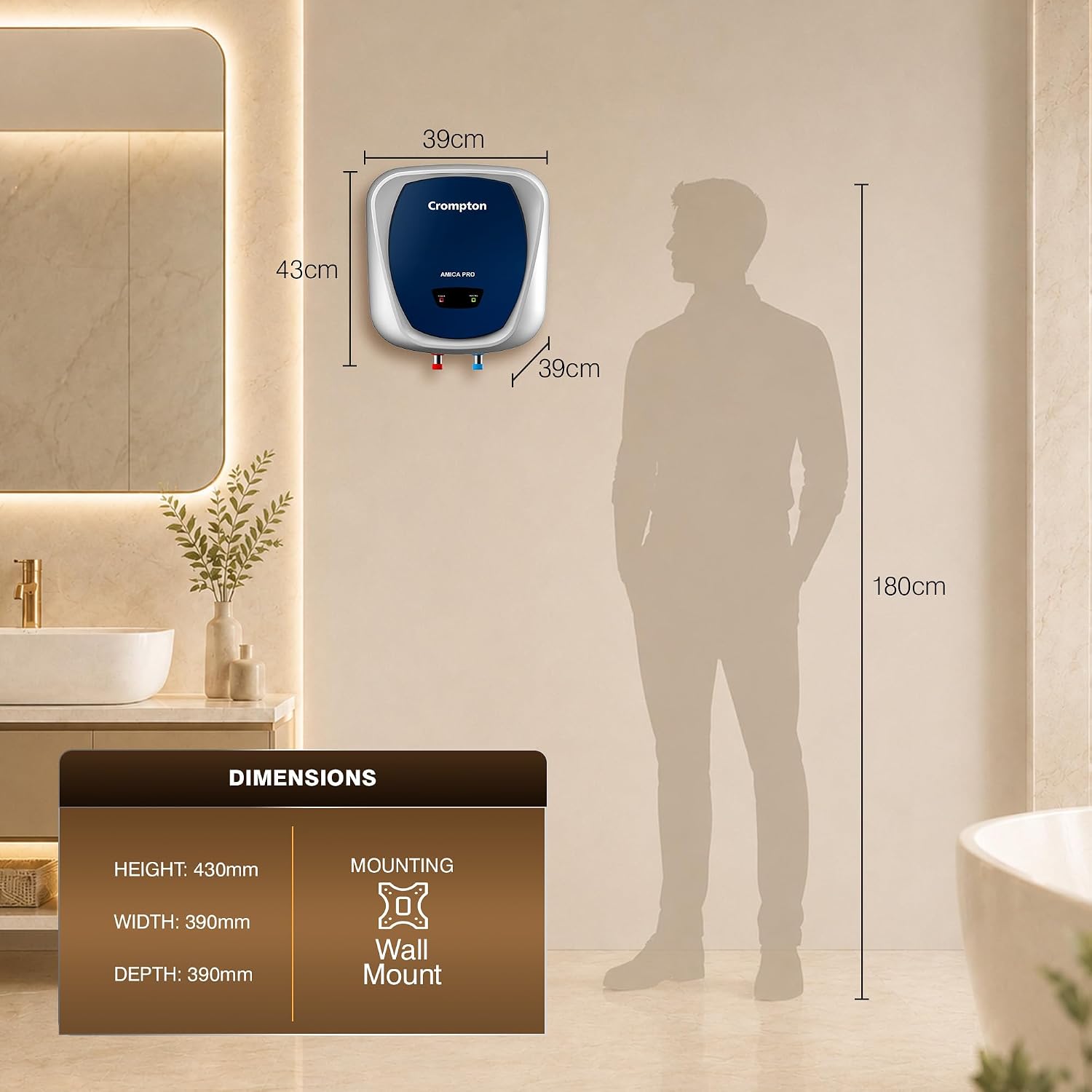 Crompton Amica Pro 15L 5‑Star Storage Water Heater (Geyser) | Glassline Tank for Hard Water | Free Installation | 8 Bar High‑Rise Pressure | 5‑Level Safety | Rust‑Proof Body | 2kW Fast Heating