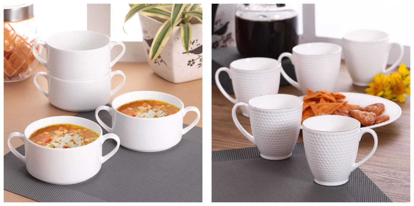 Clay Craft Basics - Ceramic Checkered Hammered Soup Maggie and Noodle Cup, 460ml, 4 Pieces, Multicolour (Stacko Soup Bowl)