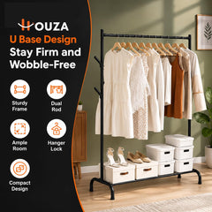 HOUZA Heavy-Duty Garment Stand Cloth Rack with Bottom Storage Shelf & 4 Side Hooks | Freestanding Clothes Hanging Stand, Rack for Clothes Storage & Cloth Rack for Bedroom & Entryway (Black)