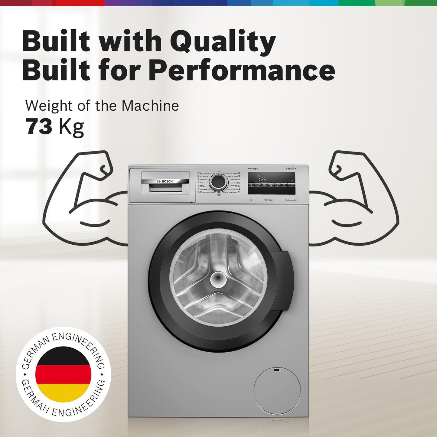 Bosch 7 kg, 5 Star, AI active water+, Anti-Wrinkle, Anti-Tangle, Anti Bacteria Steam, Fully-Automatic Front Loading Washing Machine (WAJ24266IN, In-Built Heater, Silver)