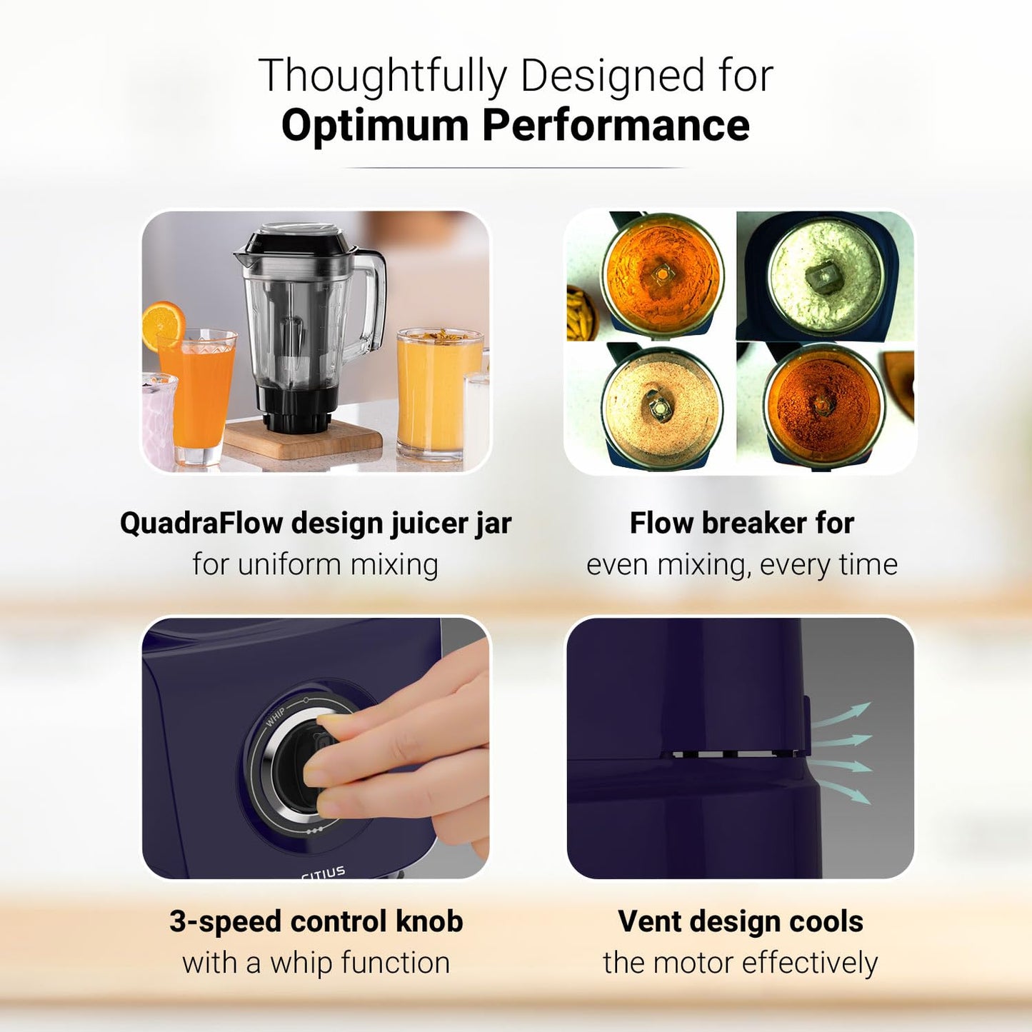 V-Guard Citius 750 Watt Juicer Mixer Grinder (New Launch) | 3-Year Motor Coverage | 4 Jars | Juicer, Wet, Chutney & Dry | Juicer Jar With Quadraflow Design | SS Blades | Blue