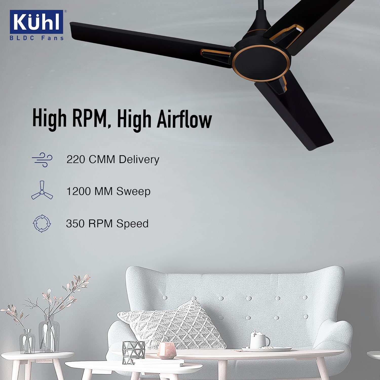 KUHL Prima A1 1200 mm BLDC 65% Power Saving BLDC Ceiling Fan With Remote | BEE 5 Star Rated & ISI Marked | High Air Flow | 5 Year Brand Warranty | Black