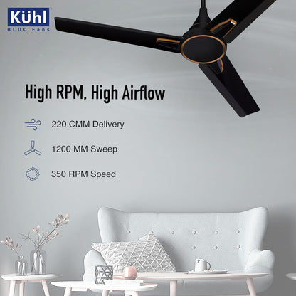 KUHL Prima A1 1200 mm BLDC 65% Power Saving BLDC Ceiling Fan With Remote | BEE 5 Star Rated & ISI Marked | High Air Flow | 5 Year Brand Warranty | Black
