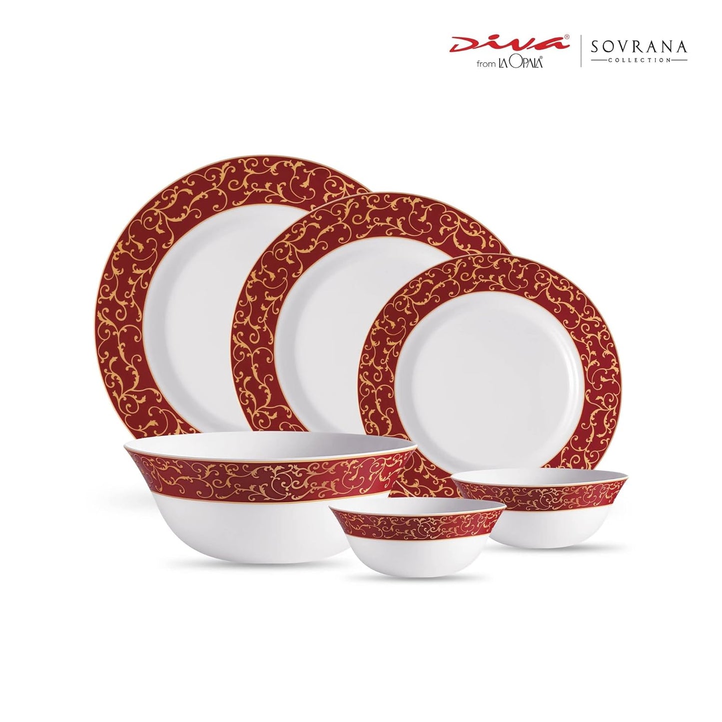 La Opala Diva Sovrana Collection Opal Glass Crockery | for Family of 6 | Dinner Set 27 pcs Anassa Red | Plates & Bowls for Dining | Microwave Safe | 100% Vegetarian | Extra Strong | Light & White