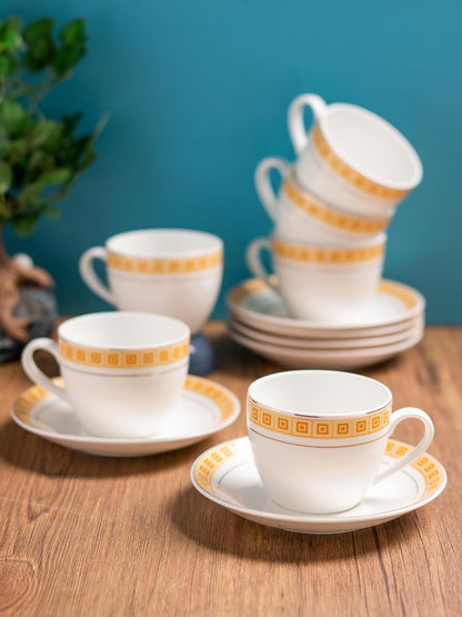 Clay Craft Fine Ceramic Cream Cup & Saucer Set of 12 (6 Cups + 6 Saucers) - 180 ml Each (R104)