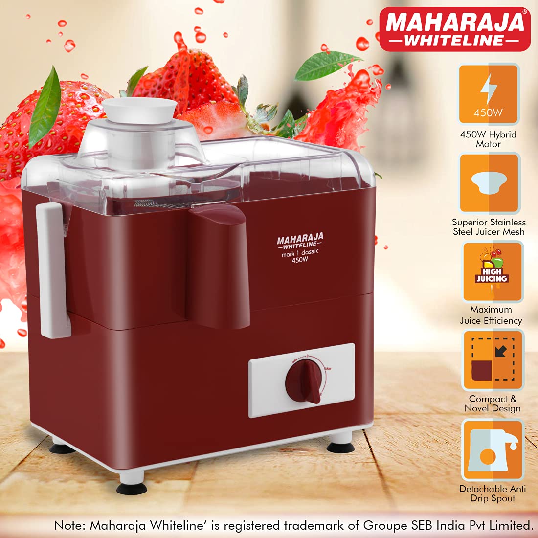 Maharaja Whiteline Mark 1 Classic Juice Extractor, 450 Watt, Cherry Red & White, Superior Stainless Steel Mesh And Juice Cutter, Medium (Mark-1 Classic/Je-106), 450 Watt