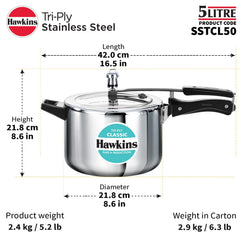 Hawkins Classic 5 Litre Tri-Ply Pressure Cooker, Triply Stainless Steel Inner Lid Cooker, Silver (SSTCL50)