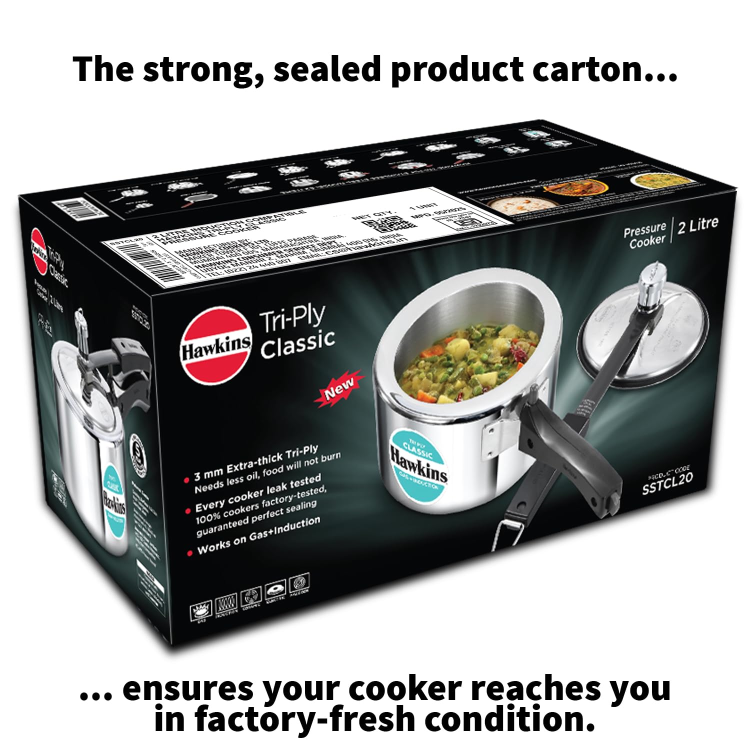 Hawkins Triply 2 Litre Classic Pressure Cooker, Triply Stainless Steel Induction Inner Lid & Small Cooker, Silver (SSTCL20)
