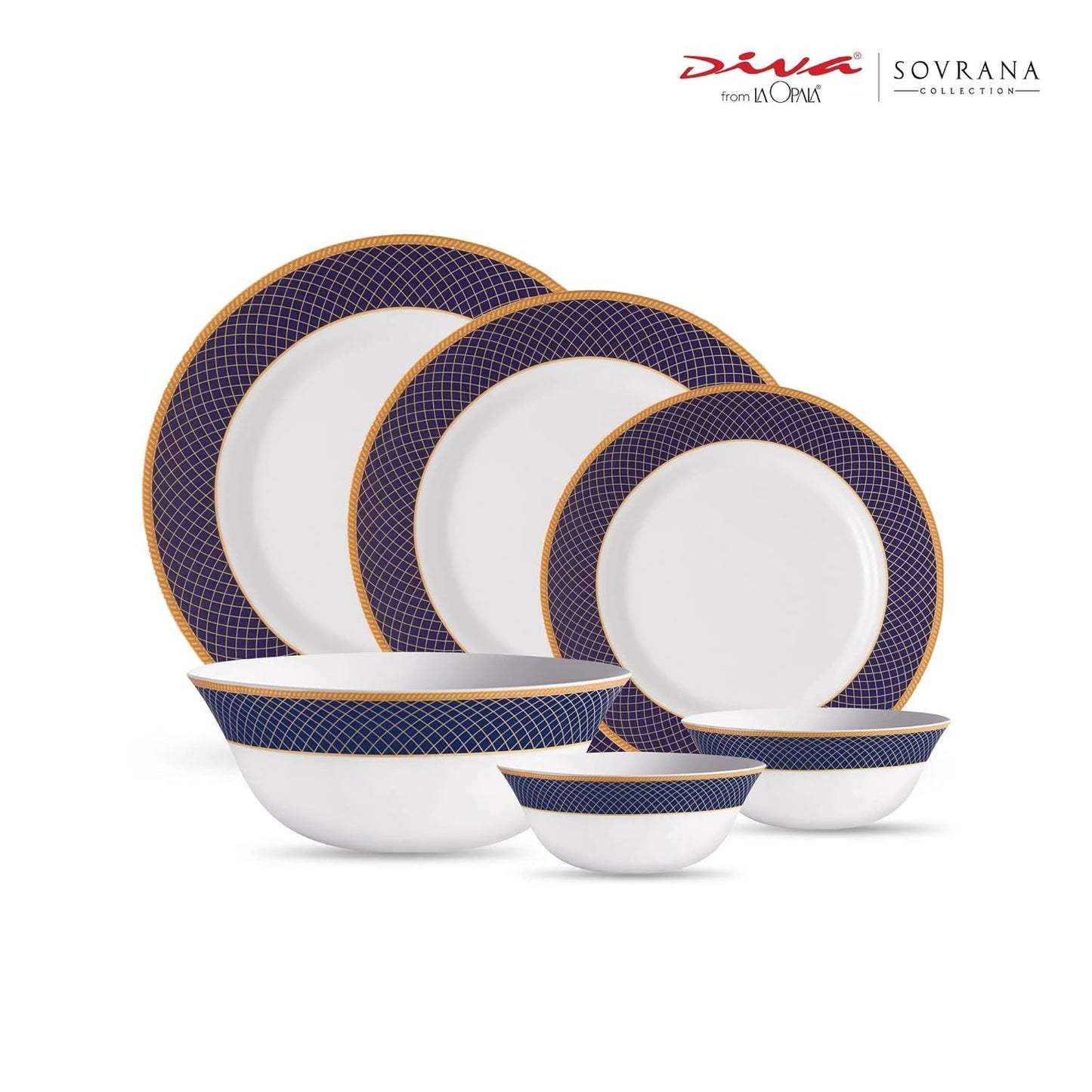 La Opala Diva Sovrana Collection Opal Glass Crockery | for Family of 6 | Dinner Set 27 pcs Regent Blue | Plates & Bowls for Dining | Microwave Safe | 100% Vegetarian | Extra Strong | Light & White