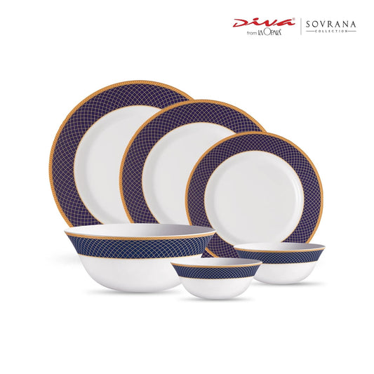 La Opala Diva Sovrana Collection Opal Glass Crockery | for Family of 6 | Dinner Set 27 pcs Regent Blue | Plates & Bowls for Dining | Microwave Safe | 100% Vegetarian | Extra Strong | Light & White