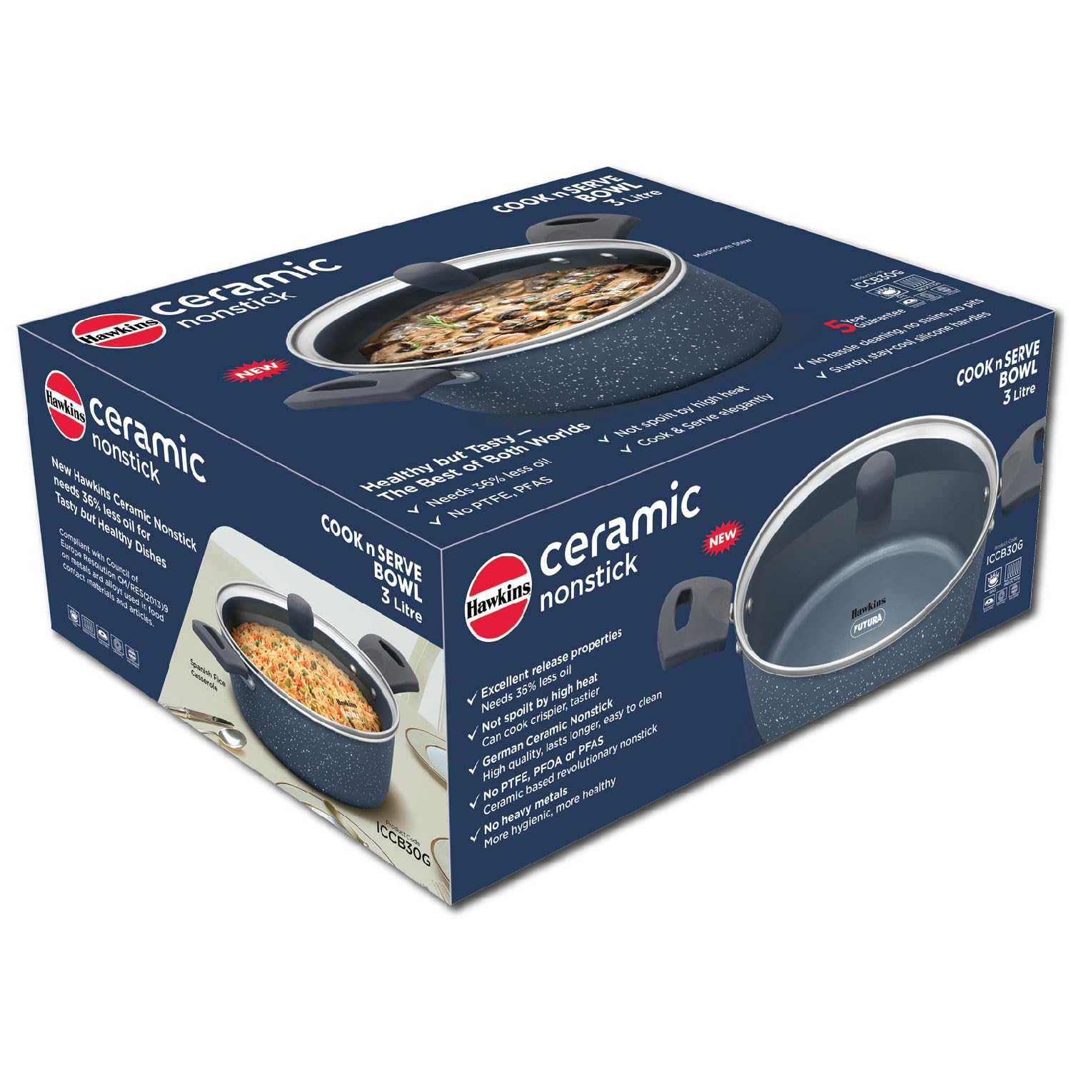 Hawkins Ceramic Nonstick Cook n Serve Bowl with Glass Lid, 3 Litre, Induction Pot, Granite Casserole (ICCB30G)