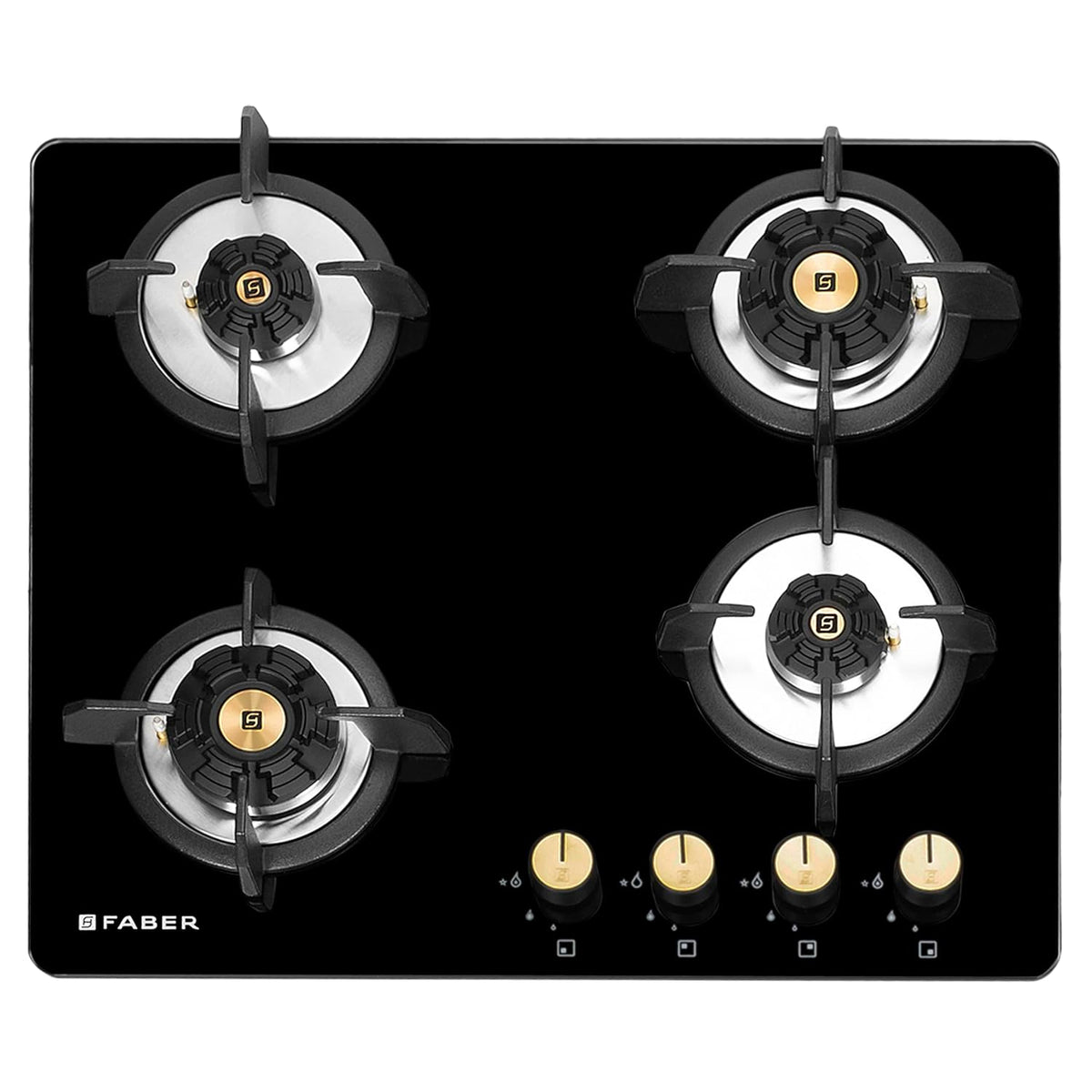 Faber Hob/Hobtop 4 Brass Burner Auto Electric Ignition Glass Top (Maxus HT784 CRS BR CI AI) Black, Glass and Mild Steel