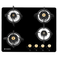 Faber Hob/Hobtop 4 Brass Burner Auto Electric Ignition Glass Top (Maxus HT784 CRS BR CI AI) Black, Glass and Mild Steel