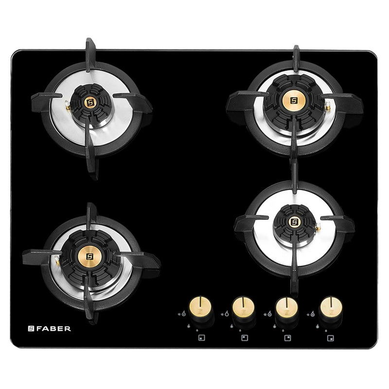 Faber Hob/Hobtop 4 Brass Burner Auto Electric Ignition Glass Top (Maxus HT784 CRS BR CI AI) Black, Glass and Mild Steel