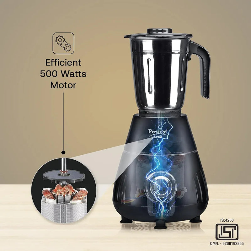 Prestige Apex Blendo 500W 4Jars Mixer Grinder|2 Full Size Stainless Steel Jar|2 Nutri-Blend Jar|3 Super Efficient Blades|Black