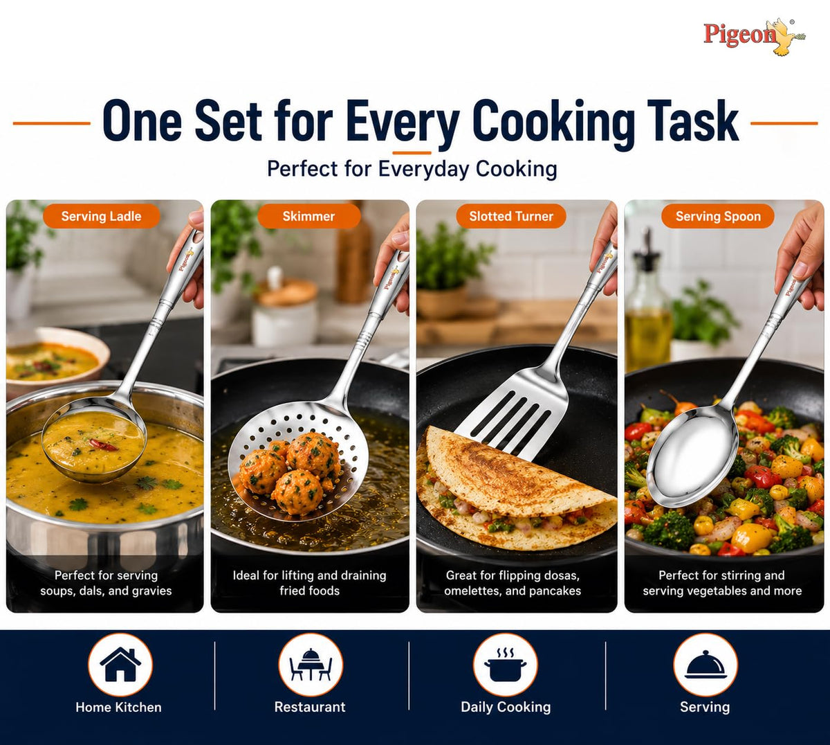 Pigeon-4Pcs Stainless Steel Kitchen Tools Set for Kitchen Cooking and Serving Set of 4|Oval Spoon(Karchhi)|Skimmer(Jhara