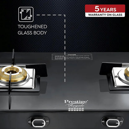 Prestige Royale Quadra 2Burner Gas Stove|Superior Toughened Glasstop with 5-Year Warranty |3-Way Nozzle Design|Tri-Pin Jumbo Burner|Uniquely Designed Pan Support |Elegantly Designed Knobs|Black