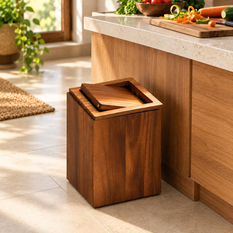 Solid Wood Trash Bin – Rustic Wooden Dustbin for Bathroom, Kitchen, Office, Living Room – Compact Waste Basket 