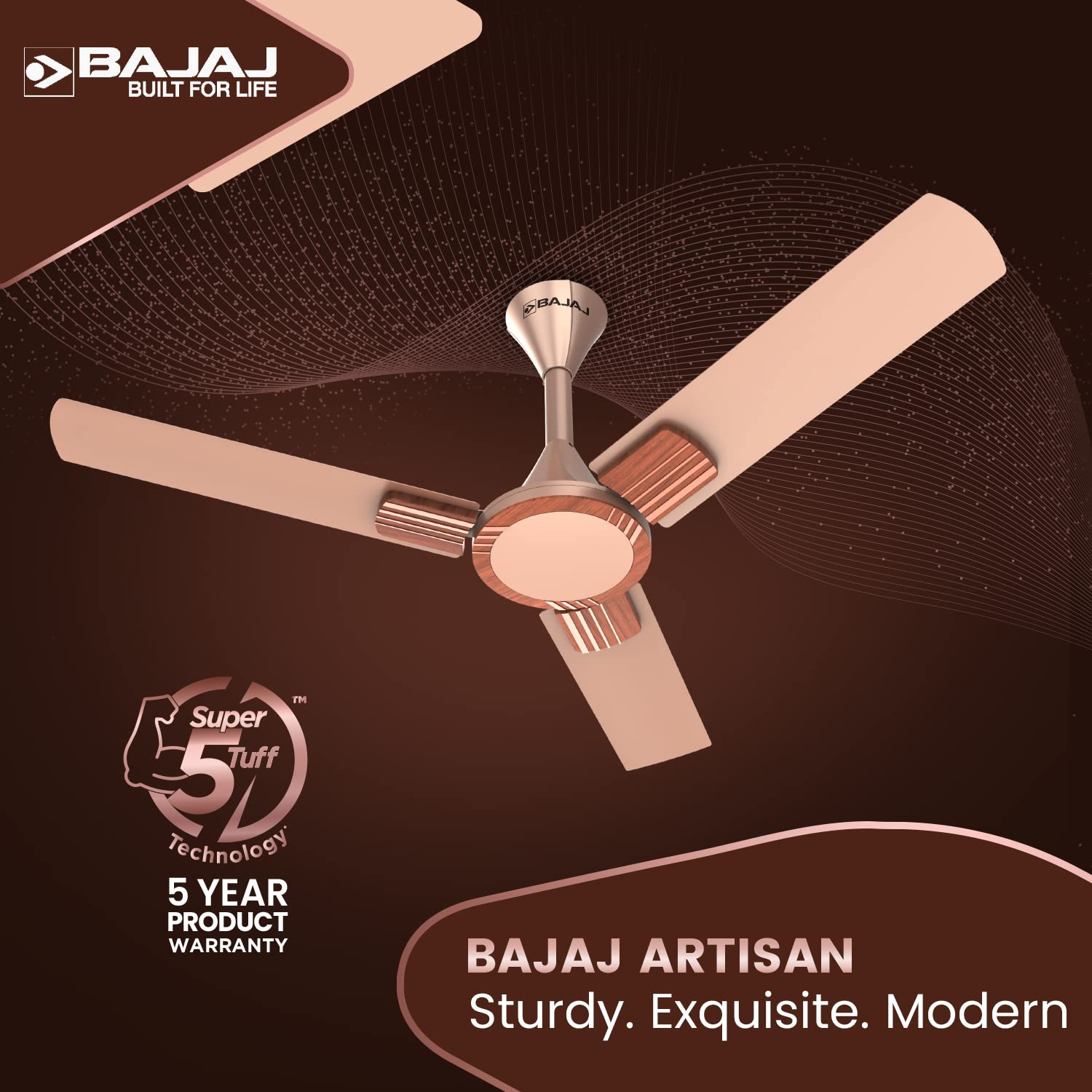 Bajaj Artisan 12S2 1200MM Ceiling Fans for Home | BEE-2 Star Rated Energy Efficient | SUPER 5TUFF TECHNOLOGY™ | SumoTuff Blades | High Air Delivery & High Speed | 5-Yrs Warranty 【Rosewood】
