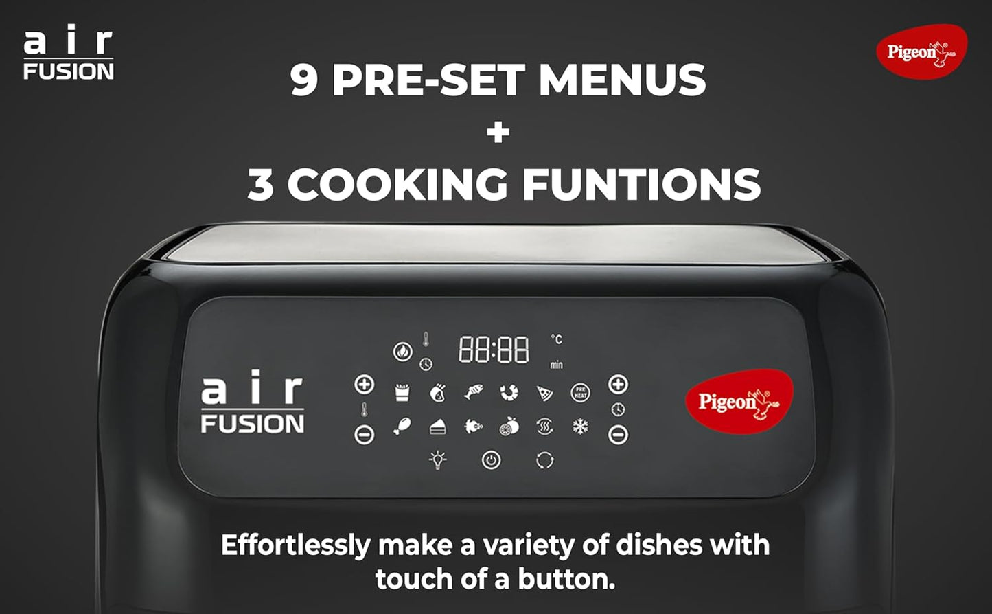 Pigeon by Stovekraft Air Fryer Oven 12L | 1800W | 2-in-1 Appliance - AirfryerOTG | Digital Touchscreen | 9 Preset Menu | Air Fry, Bake, Broil, Toast, Defrost (Black) | With Rotisserie | 7 Accessories