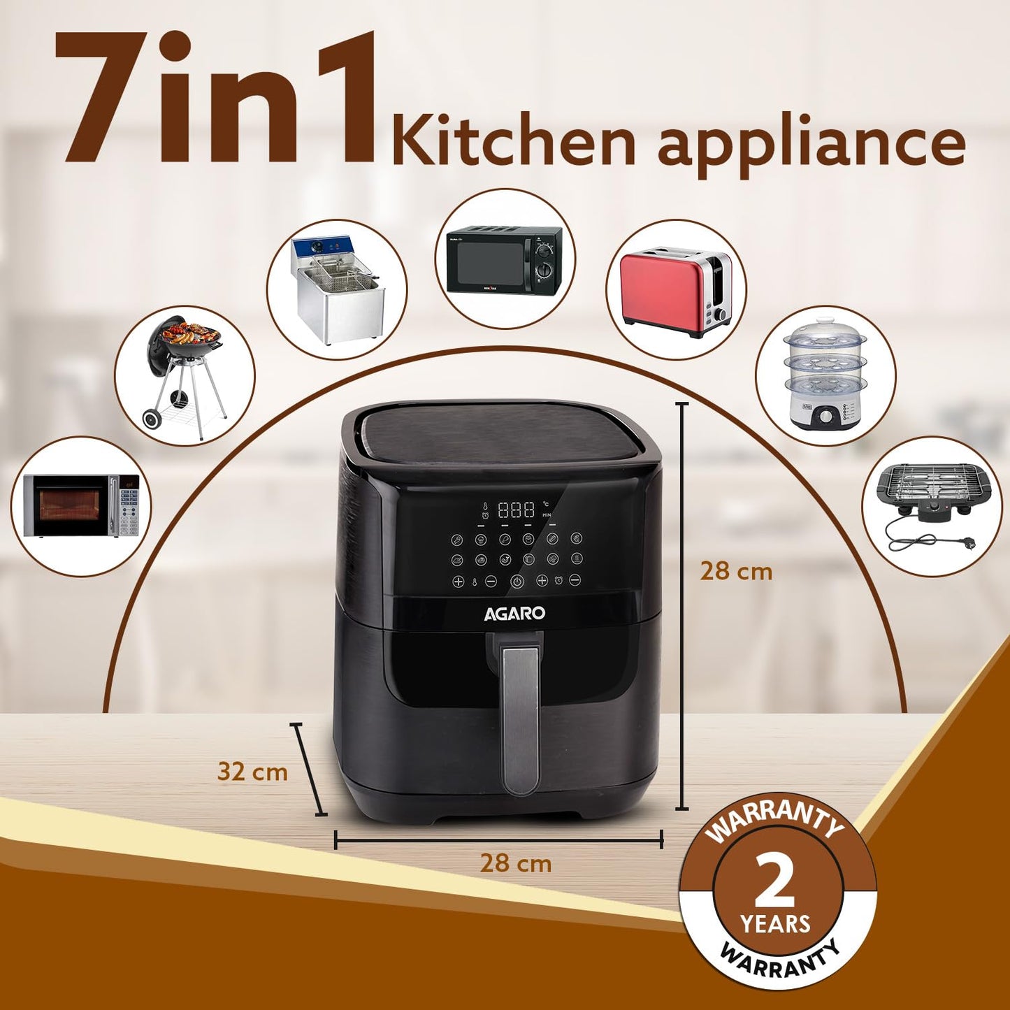 AGARO Elegant Air Fryer, 6.5L, 12 Preset Cooking Modes, 360 Degrees Air Circulation With Variable Temperature Settings, Frying, Grilling, Toasting, Roasting, 1800W, Black.