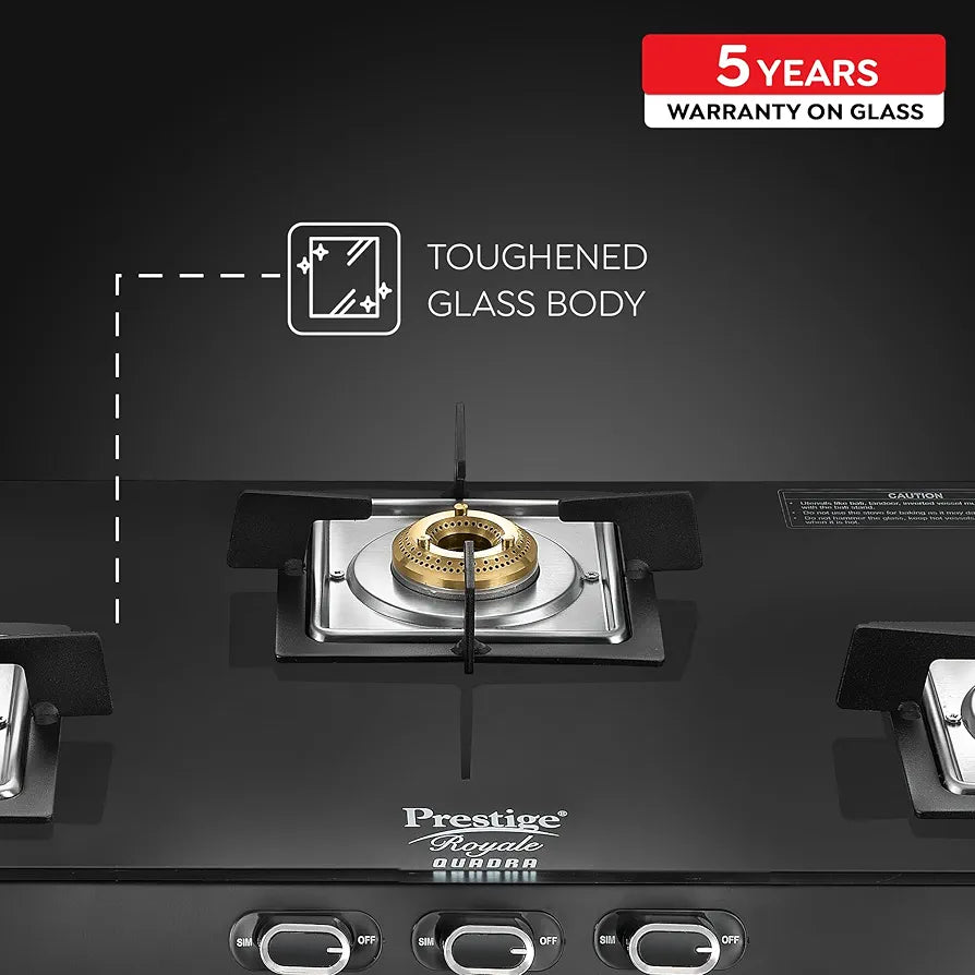 Prestige Royale Quadra 3Burner Gas Stove|Superior Toughened Glasstop with 5-Year Warranty| 3-Way Nozzle Design|Tri-Pin Jumbo Burner |Uniquely Designed Pan Support |Elegantly Designed Knobs|Black