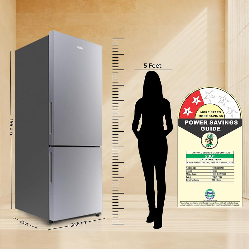 Haier 237 L 2 Star Frost Free Twin Inverter Double Door Bottom Mount Refrigerator with Extra Spacious 2X Veg Box (HEB-242EGSA-P, Moon Silver, 2026)-6