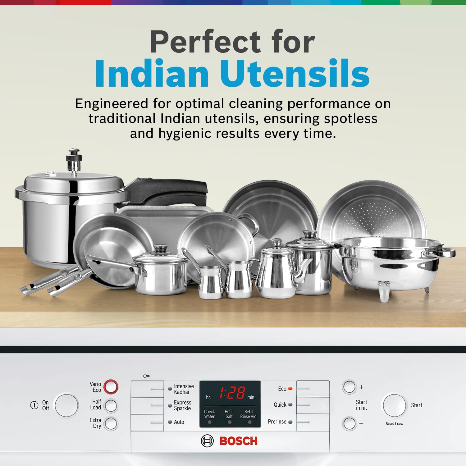 Bosch 13 Place Setting Dishwasher with Intensive Kadhai Program, No Pre-Rinse, 70⁰ Hot water wash, Half Load Option & Extra Cutlery Box - (SMS66GW01I, White, Glass Protection Technology)