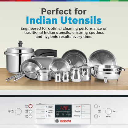 Bosch 13 Place Setting Dishwasher with Intensive Kadhai Program, No Pre-Rinse, 70⁰ Hot water wash, Half Load Option & Extra Cutlery Box - (SMS66GW01I, White, Glass Protection Technology)