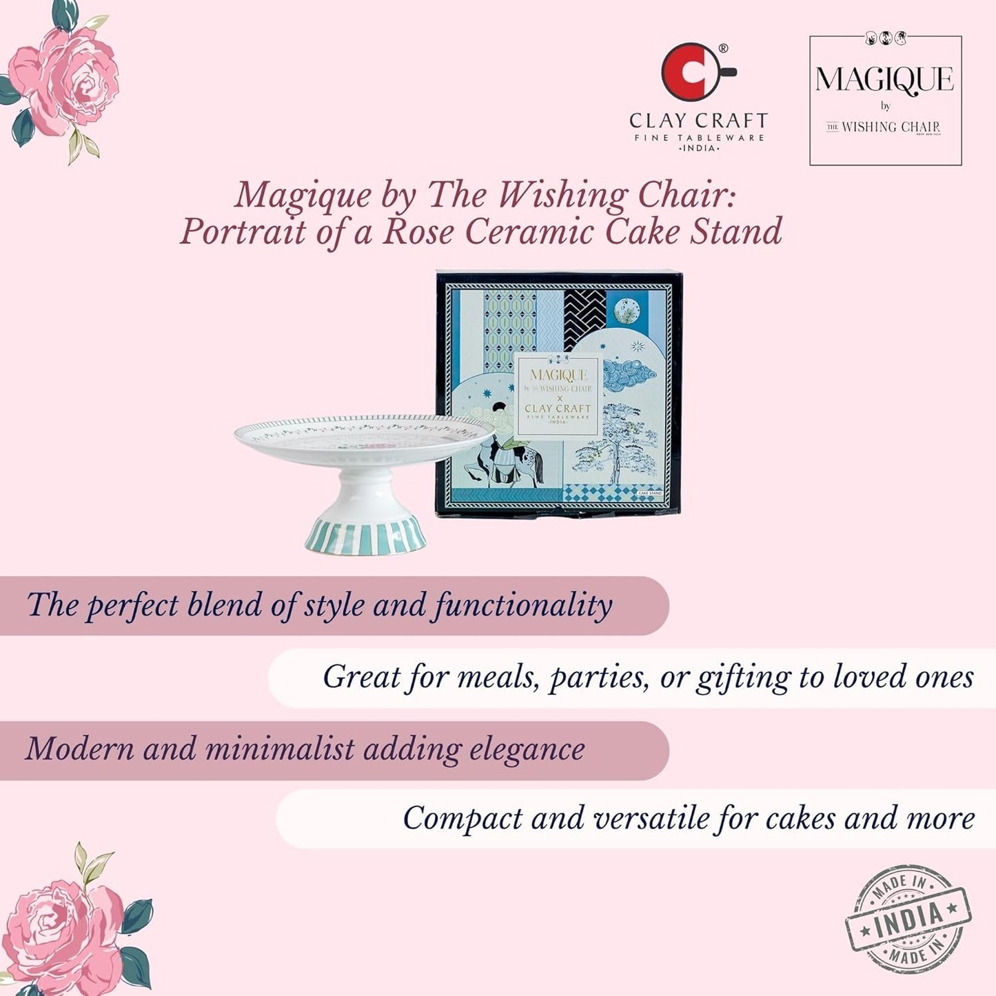 Magique by The Wishing Chair x ClayCraft : Portrait of a Rose Ceramic Cake Stand | 10 Inch Floral Pedestal for Cakes Cupcakes Desserts | Elegant Serving Stand for Parties Weddings Home