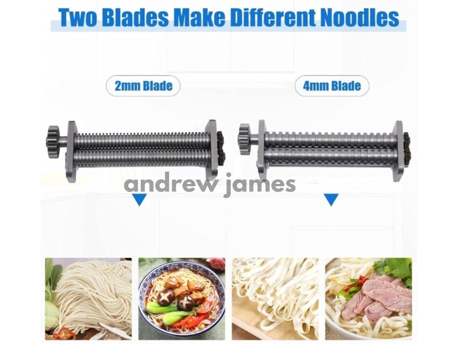ANDREW JAMES Manual Commercial Heavy-Duty Manual Noodle Maker Machine with Dual 2mm & 4mm Stainless Steel Blades – Hand Crank Pasta Roller for Homemade Spaghetti & Dough Sheets