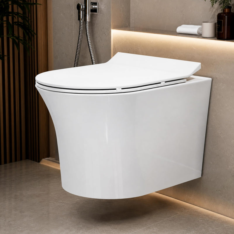 Plantex Platinum Ceramic Rimless Wall Mounted Commode/P Trap Washdown Flush Commode with Soft Close Toilet Seat Cover (White)-1