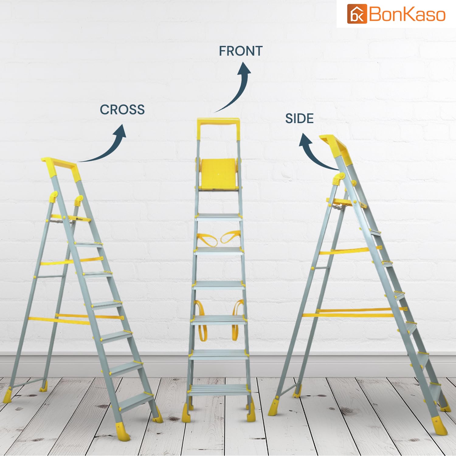 Bonkaso Climb Lite Pro+ 7 Step - Aluminium Foldable Ladder with Tool Tray (130W x 209H Cm) | Heavy-Duty, Anti-Slip & Firm Grip for Home, Indoor & Outdoor Use | Durable & Portable (Yellow & Satin)