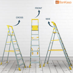 Bonkaso Climb Lite Pro+ 7 Step - Aluminium Foldable Ladder with Tool Tray (130W x 209H Cm) | Heavy-Duty, Anti-Slip & Firm Grip for Home, Indoor & Outdoor Use | Durable & Portable (Yellow & Satin)