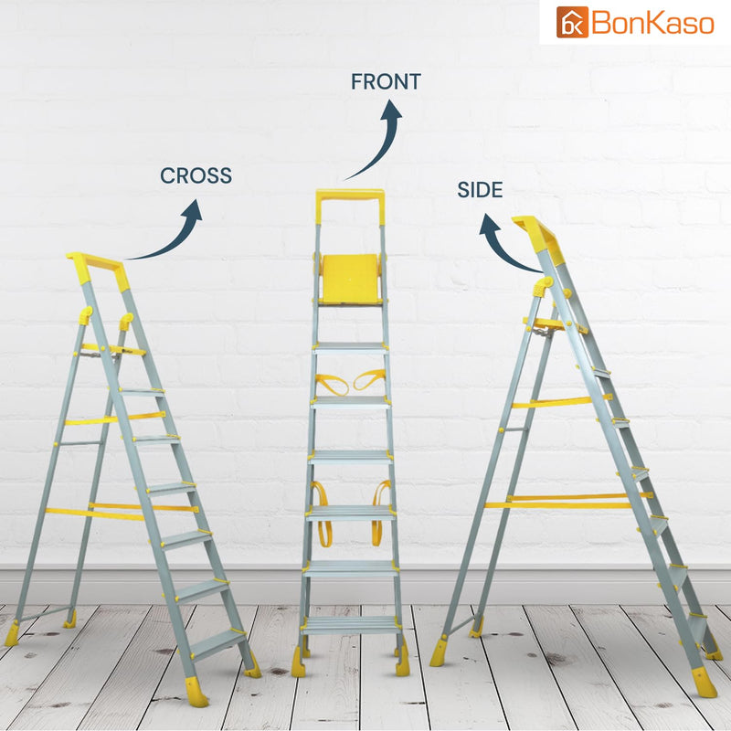 Bonkaso Climb Lite Pro+ 7 Step - Aluminium Foldable Ladder with Tool Tray (130W x 209H Cm) | Heavy-Duty, Anti-Slip & Firm Grip for Home, Indoor & Outdoor Use | Durable & Portable (Yellow & Satin)