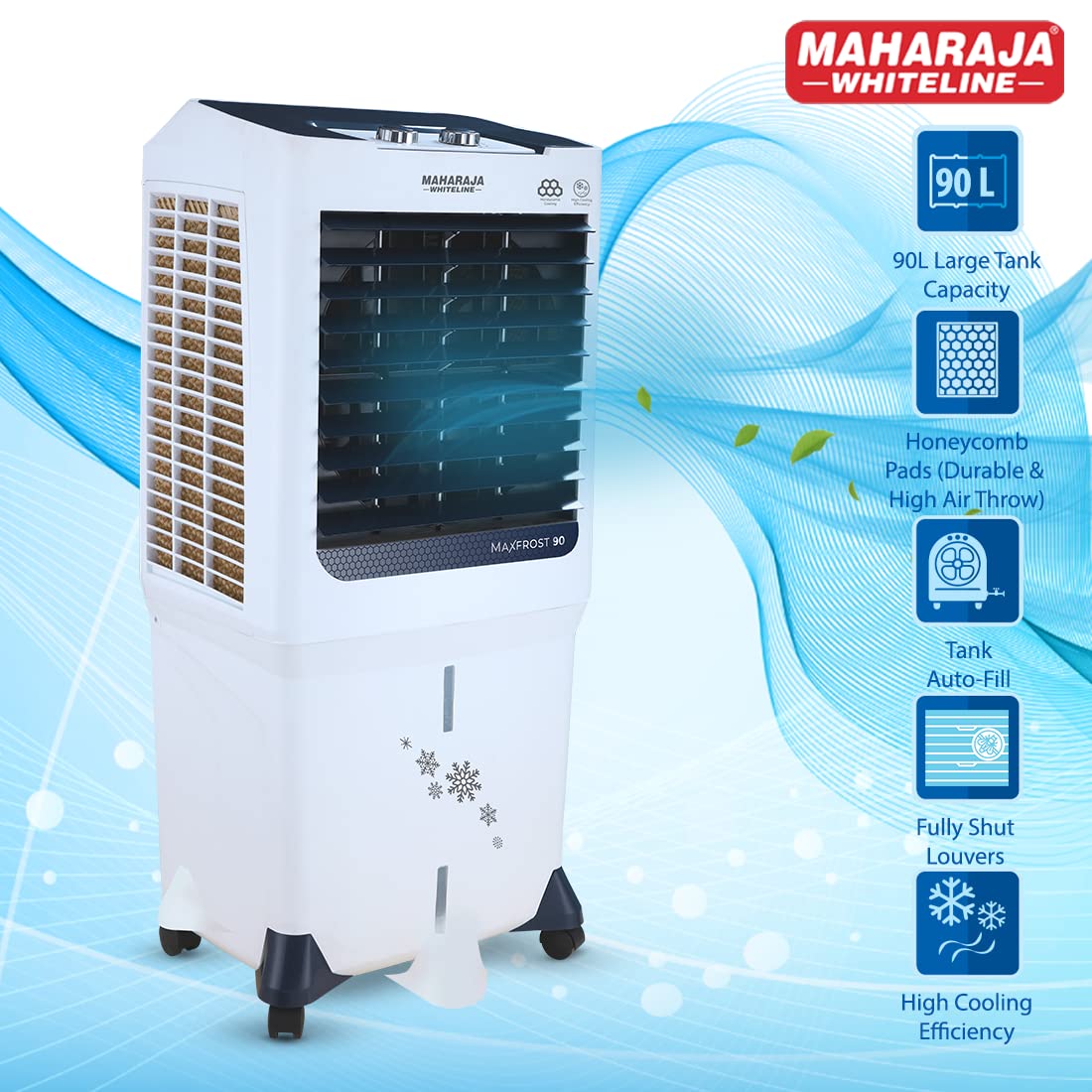 Maharaja Whiteline MAXFROST 90 Desert Air Cooler with 90 ltr Large Tank Capacity, 200W (White & Navy Blue)