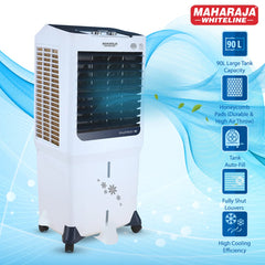 Maharaja Whiteline MAXFROST 90 Desert Air Cooler with 90 ltr Large Tank Capacity, 200W (White & Navy Blue)