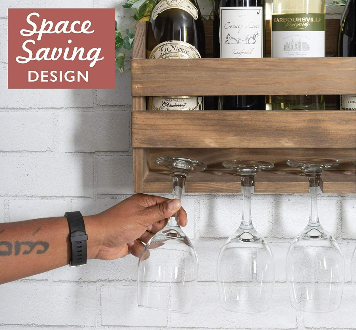 Rustic Wooden Wall Mounted Wine Rack - Wine Bottles & 4 Stemware Glass Holder for Home Bar Cabinet, Kitchen, Fa