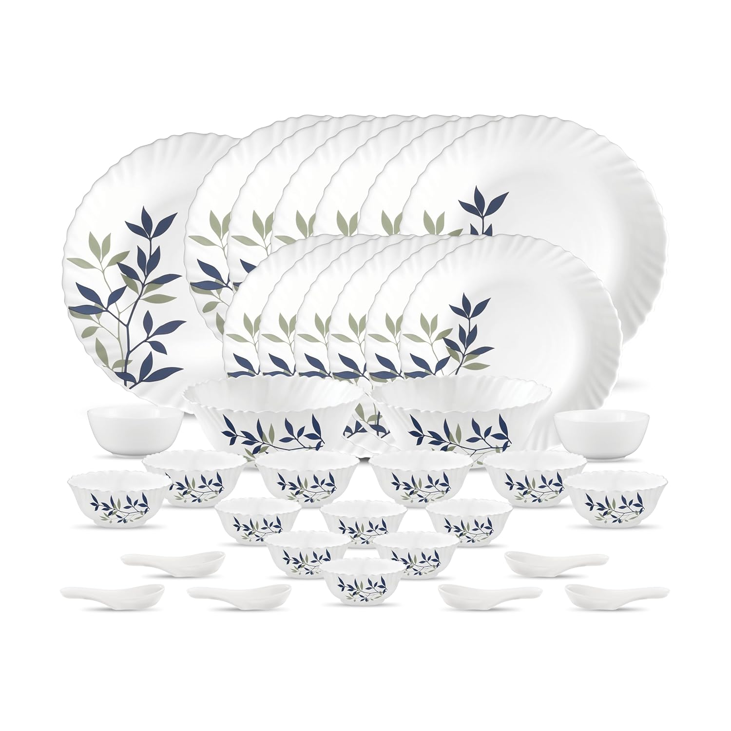 La Opala Novo Collection Opal Glass Crockery | for Family of 6 | Dinner Set 35 pcs Silken Charm | Plates & Bowls for Dining | Microwave Safe | 100% Vegetarian | Extra Strong | Light & White