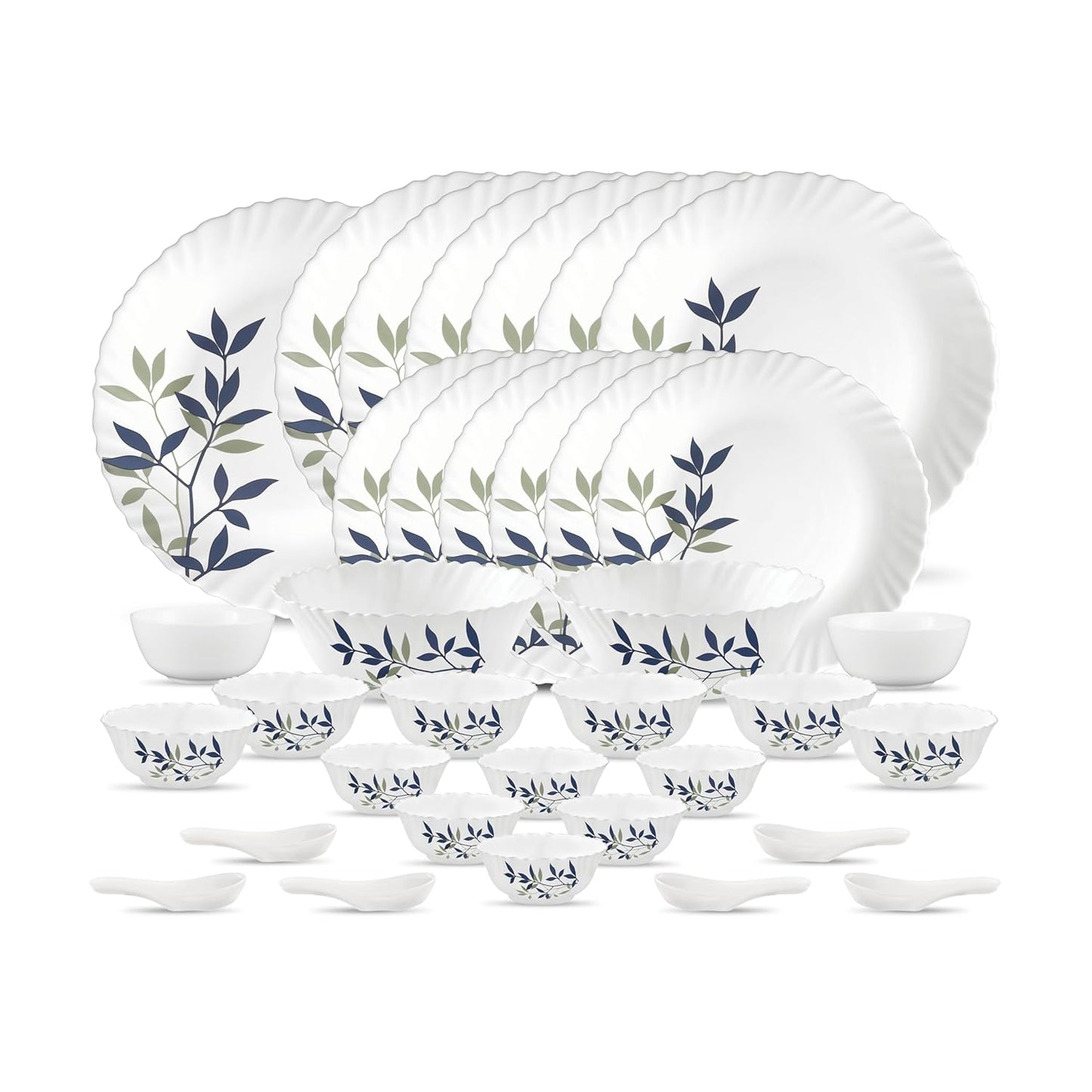 La Opala Novo Collection Opal Glass Crockery | for Family of 6 | Dinner Set 35 pcs Silken Charm | Plates & Bowls for Dining | Microwave Safe | 100% Vegetarian | Extra Strong | Light & White