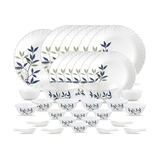 La Opala Novo Collection Opal Glass Crockery | for Family of 6 | Dinner Set 35 pcs Silken Charm | Plates & Bowls for Dining | Microwave Safe | 100% Vegetarian | Extra Strong | Light & White