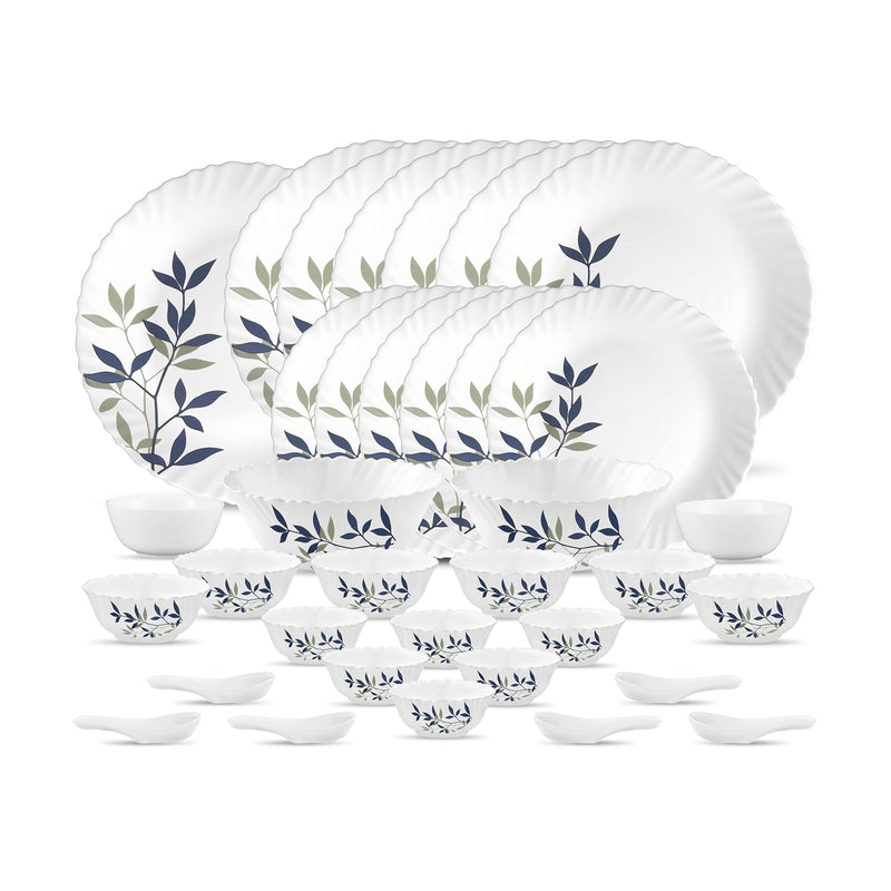 La Opala Novo Collection Opal Glass Crockery | for Family of 6 | Dinner Set 35 pcs Silken Charm | Plates & Bowls for Dining | Microwave Safe | 100% Vegetarian | Extra Strong | Light & White