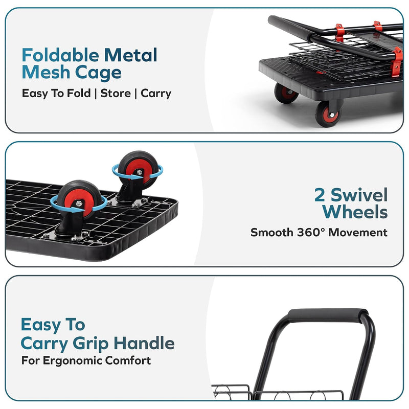 Corvids 150 Kg Portable & Collapsible Plastic Platform Trolley with Basket Cage | 2-Year Warranty |Folding Platform Hand Truck with 360 Rotating Wheels for Home, Office, Warehouse & Outdoor Use