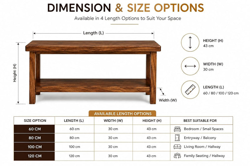 Solid Sheesham Wood Storage Bench with Open Shelf | Wooden Hallway Bench for Entryway, Living Room & Bedroom | 
