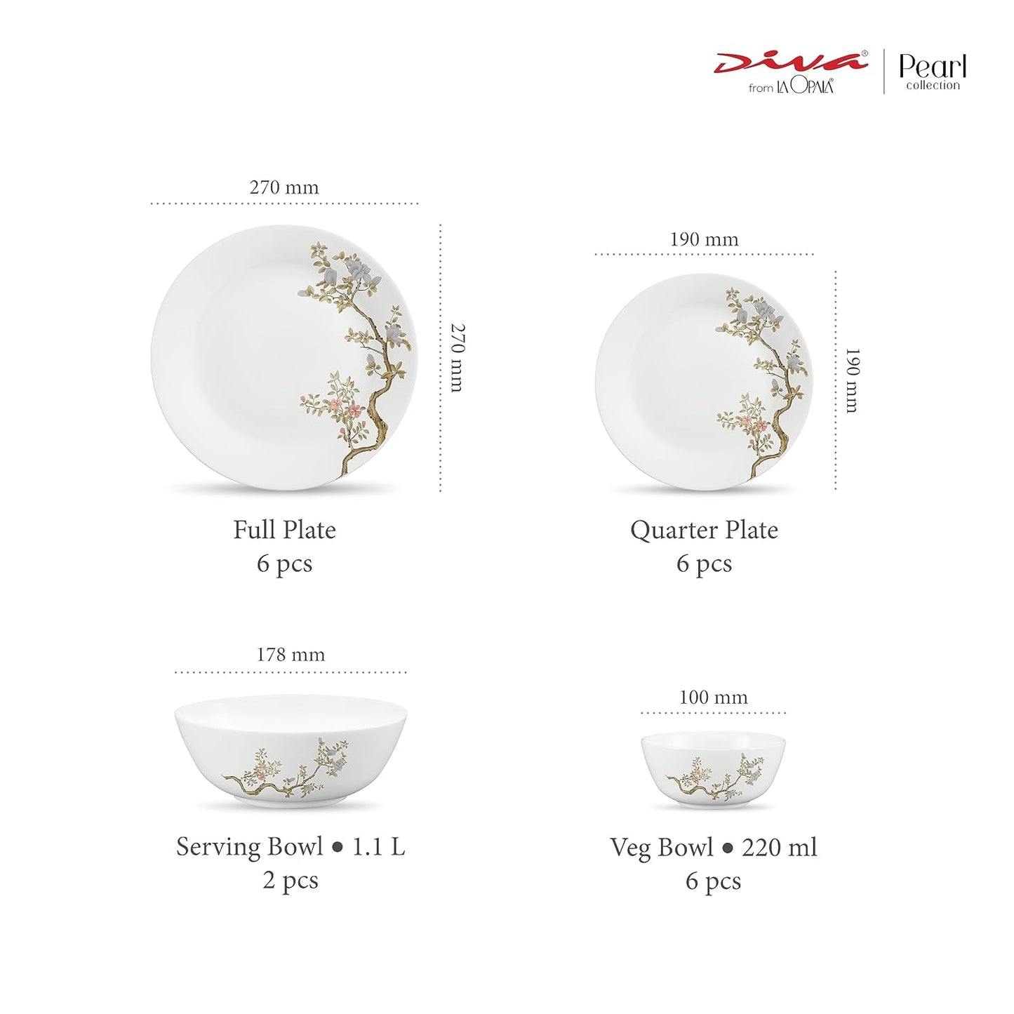 Diva by La Opala, Pearl Collection, Opal Glass Dinner Set 20 pcs, Zen Garden, White