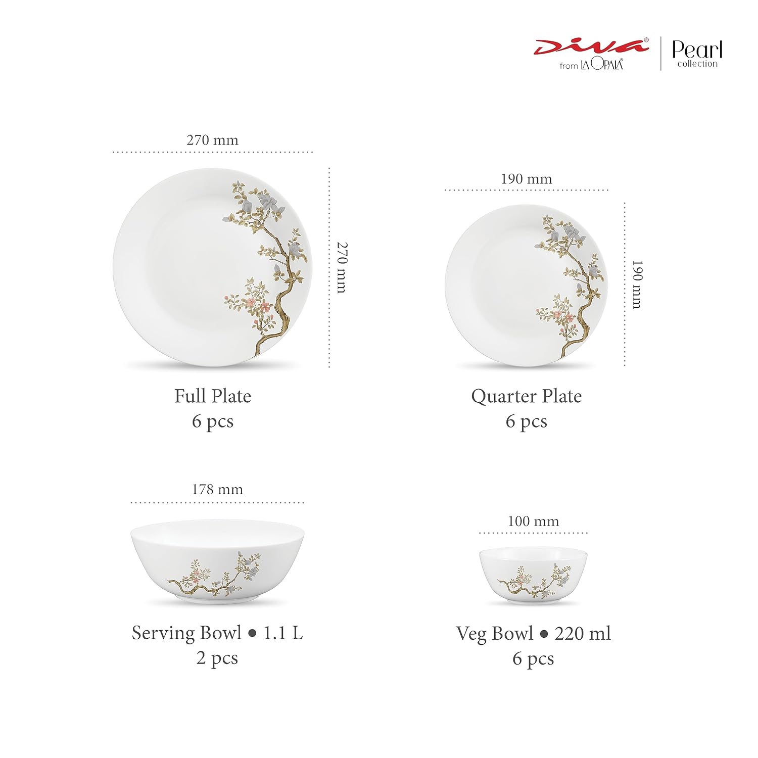Diva by La Opala, Pearl Collection, Opal Glass Dinner Set 20 pcs, Zen Garden, White