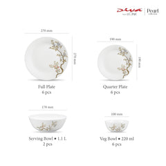 Diva by La Opala, Pearl Collection, Opal Glass Dinner Set 20 pcs, Zen Garden, White