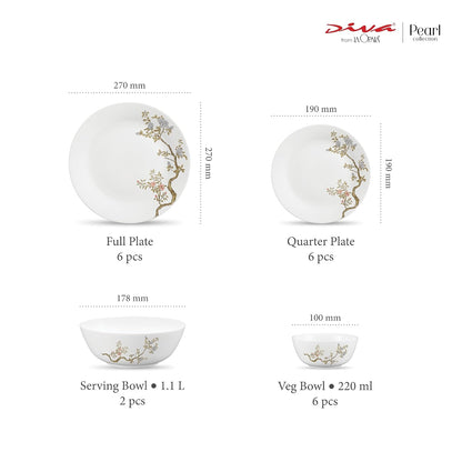 Diva by La Opala, Pearl Collection, Opal Glass Dinner Set 20 pcs, Zen Garden, White